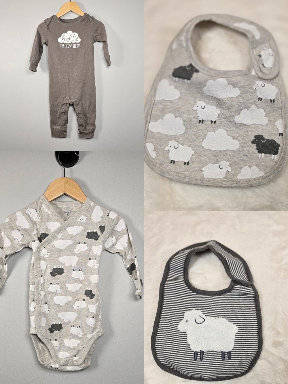 Carter's Grey & White Sheep Bib and Bodysuit Set Bundle
